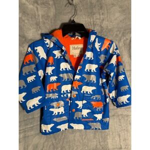 Hatley Kids Polar Bear Print Hooded Raincoat Blue Orange Lined Size 4